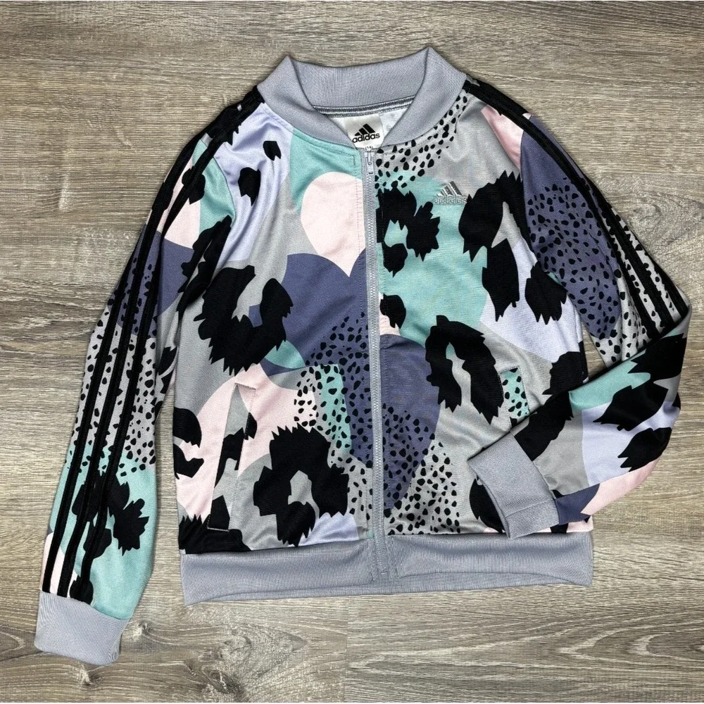 Adidas Girls Track Jacket Zip Up Animal Print Purple‎ Gray Athleisure Large 14